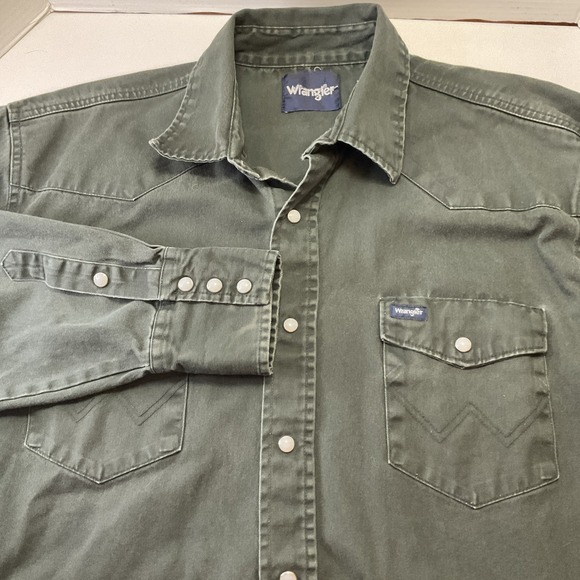 Vintage Wrangler Shirt Green Pearl Snap Western Heavy Canvas Shirt Brushpopper‎ - Picture 1 of 5